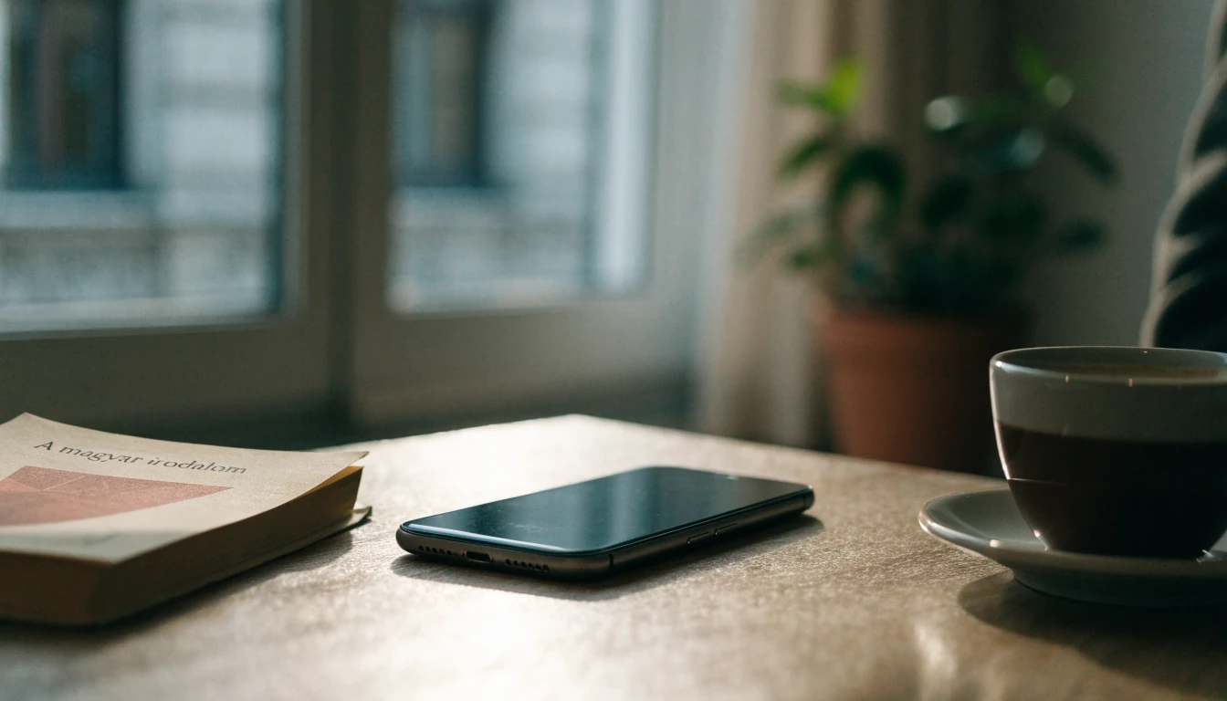Képernyőjével lefelé fordított telefon egy könyv mellett